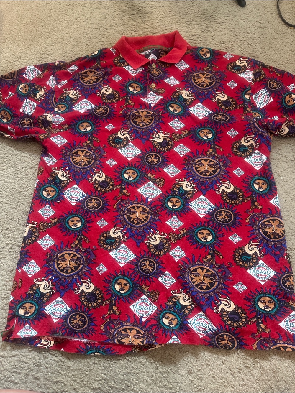 Tabasco Red Polo with Celestial Sun & Moon Motif XL Unisex